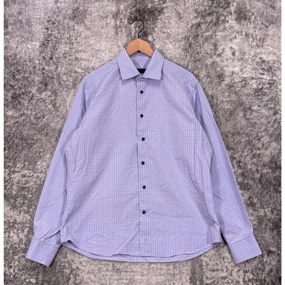 David Donahue Dress Shirt 17 Mens Trim Fit Plaid Long Sleeve Button